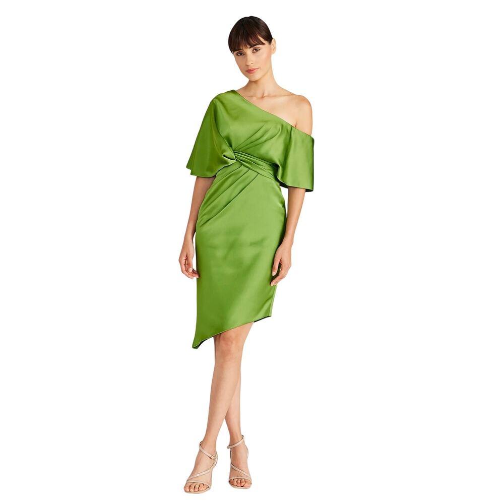 THEIA Polly Satin Cocktail Dress 1 Shoulder Paradise Green 2 XS NEW Wedding Gues - Picture 8 of 9